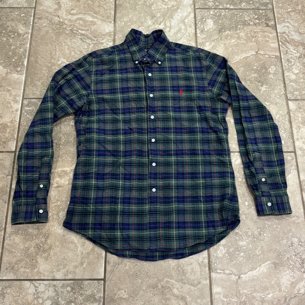 Polo Ralph Lauren Mens Custom Fit Plaid Button Down Shirt Green Blue Size Medium